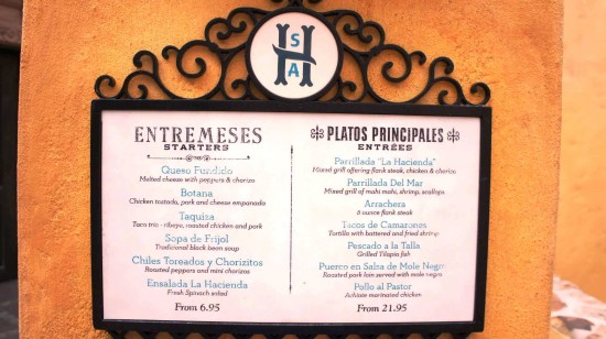 La Hacienda de San Angel at Epcot's Mexico Pavilion: Menu posted outside the restaurant. La Hacienda de San Angel at Epcot's Mexico Pavilion: Menu posted outside the restaurant.