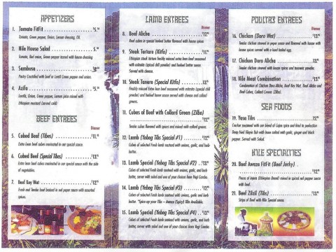 The menu at Nile Ethiopian Cuisine. The menu at Nile Ethiopian Cuisine.