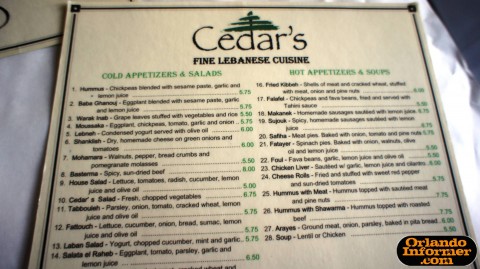 Cedar's Restaurant of Orlando: Top half of the menu. Cedar's Restaurant of Orlando: Top half of the menu.