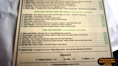 Cedar's Restaurant of Orlando: Bottom half of the menu. Cedar's Restaurant of Orlando: Bottom half of the menu.