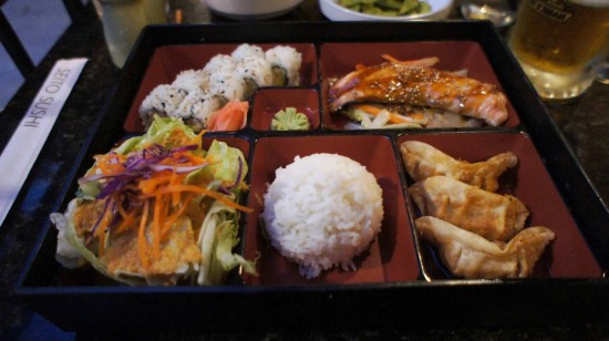 Seito Sushi in the Town of Celebration: Bento Box with a California Roll and Terkiyaki Salmon. Seito Sushi in the Town of Celebration: Bento Box with a California Roll and Terkiyaki Salmon.