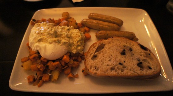 Kouzzina by Cat Cora at Disney's BoardWalk: Kouzzina Stacked Breakfast with chicken sausage. Kouzzina by Cat Cora at Disney's BoardWalk: Kouzzina Stacked Breakfast with chicken sausage.