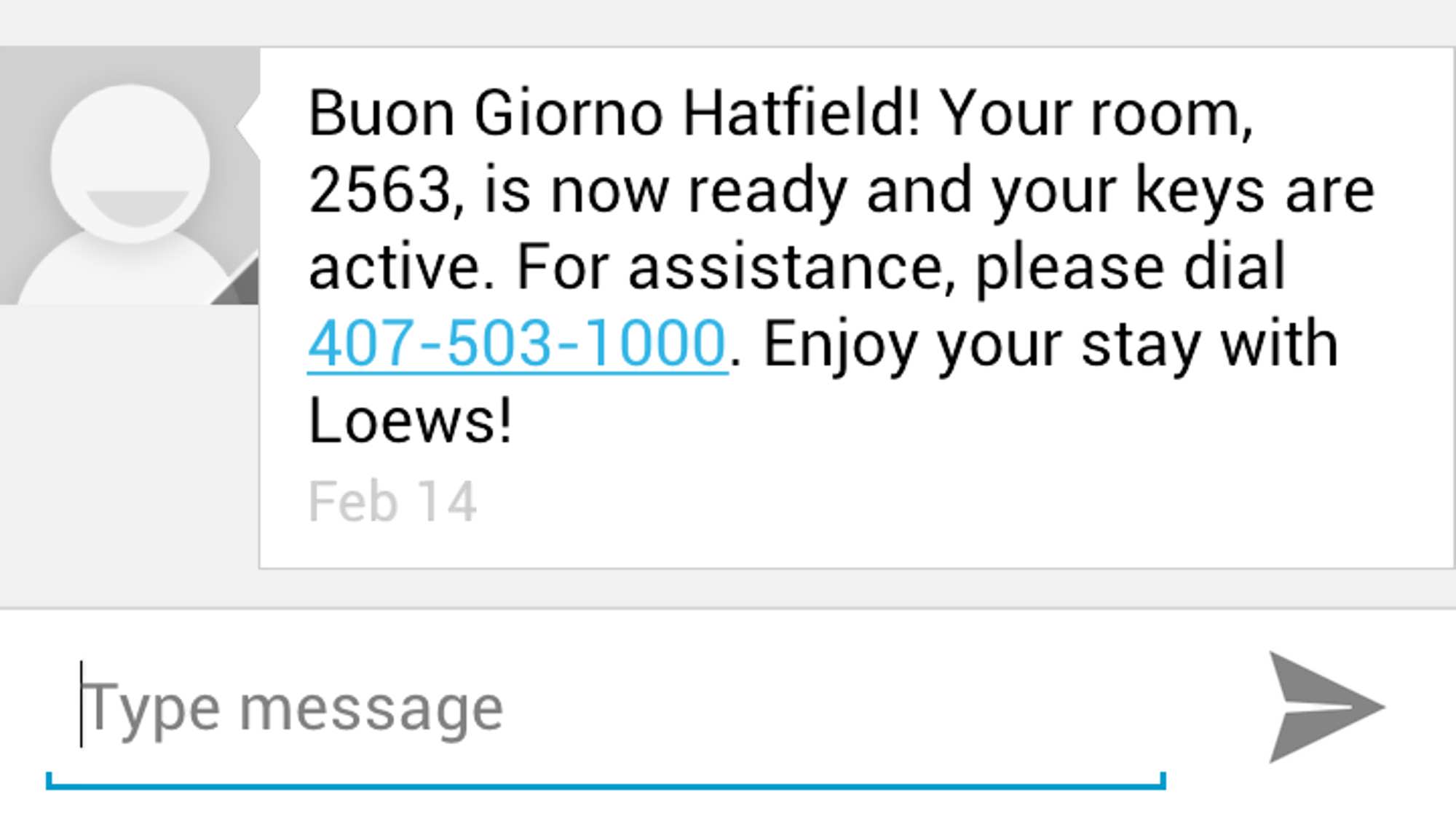 Room ready notification text