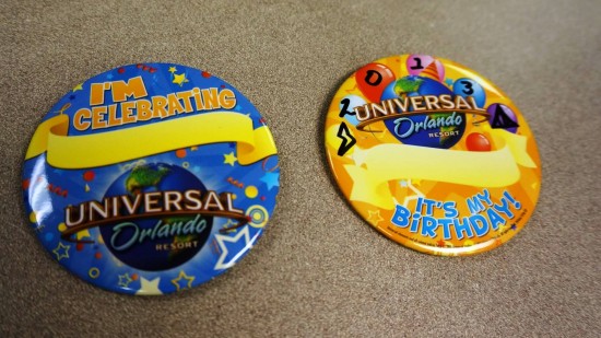 I'm Celebrating & Birthday buttons at Universal Orlando.