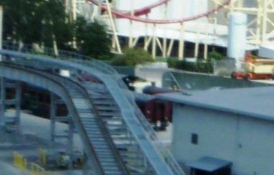 Hogwarts Express vehicles viewed from Dragon Challenge.